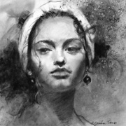 Woman Wearing Headscarf, charcoal and acetone on Mylar