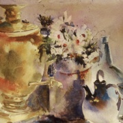 Still Life with Samovar, watercolor on cold press paper