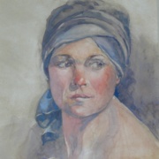 Woman Wearing Head Scarf, watercolor on plate bristol