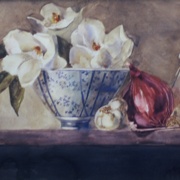 Magnolias with Red Onion, watercolor on plate bristol