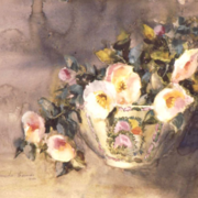 Camelias in Oriental Bowl, watercolor on plate bristol