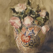 Tea Roses in Ornamental Vase, watercolor on plate bristol