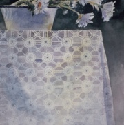 Daisies in Enamel Bowl, watercolor on handmade rough paper