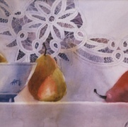 Still Life with Red Pear, watercolor on plate bristol