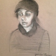 Young Girl in Black Cap, black and white charcoal on toned paper